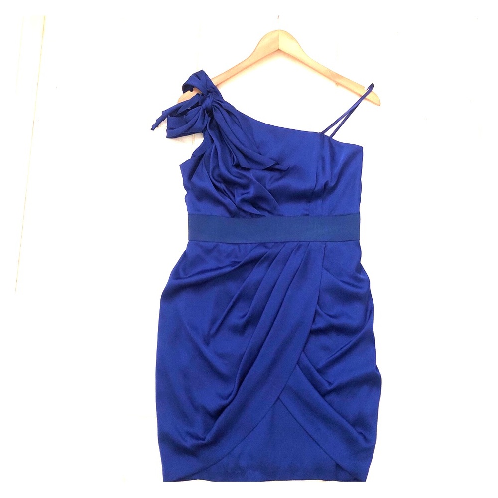 Royal blue, stretch satin, one should dress